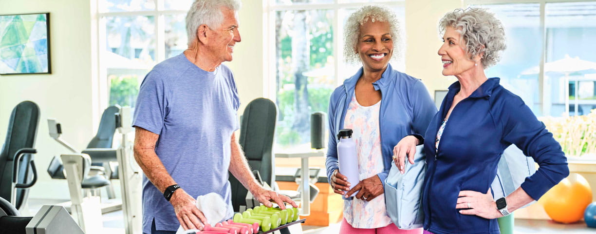 A group of residents work out together.